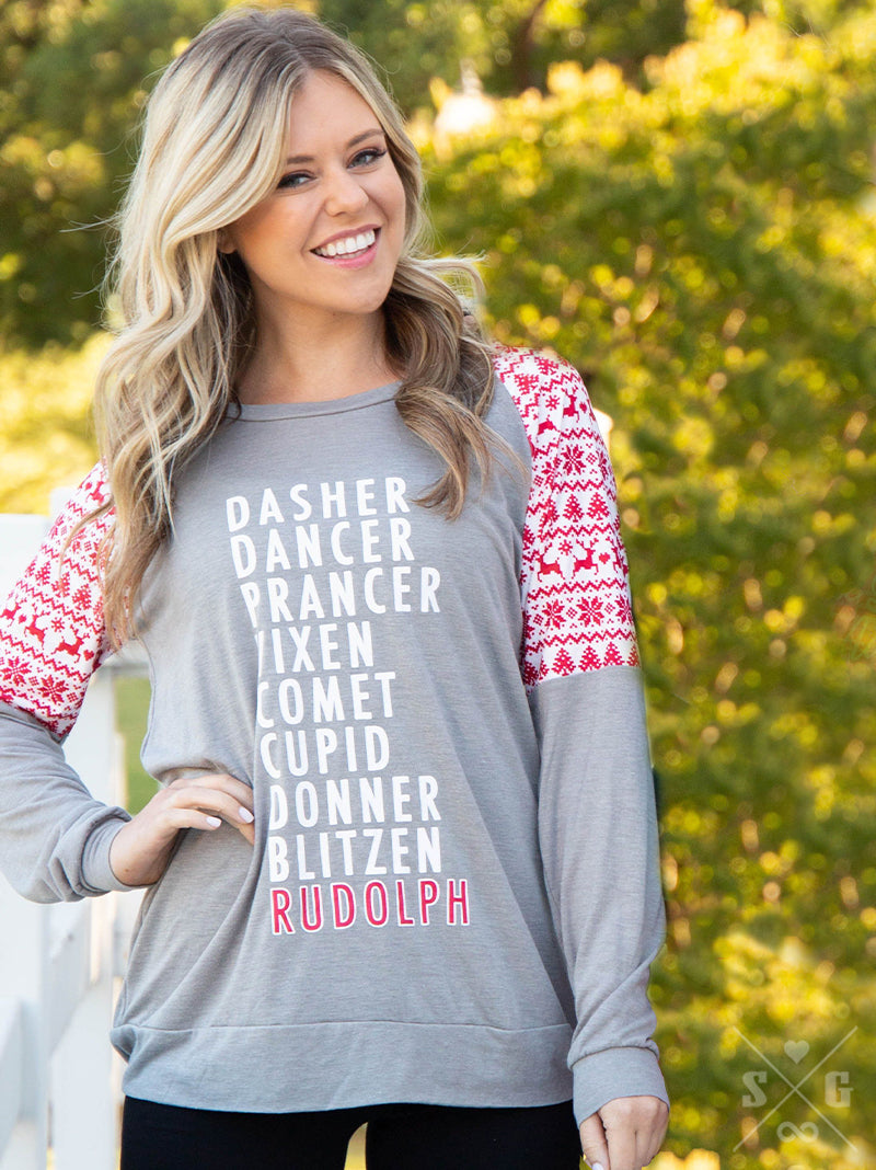 Dasher, Dancer...Rudolph on Grey Longsleeve with Red Winter Print Sleeve Inset