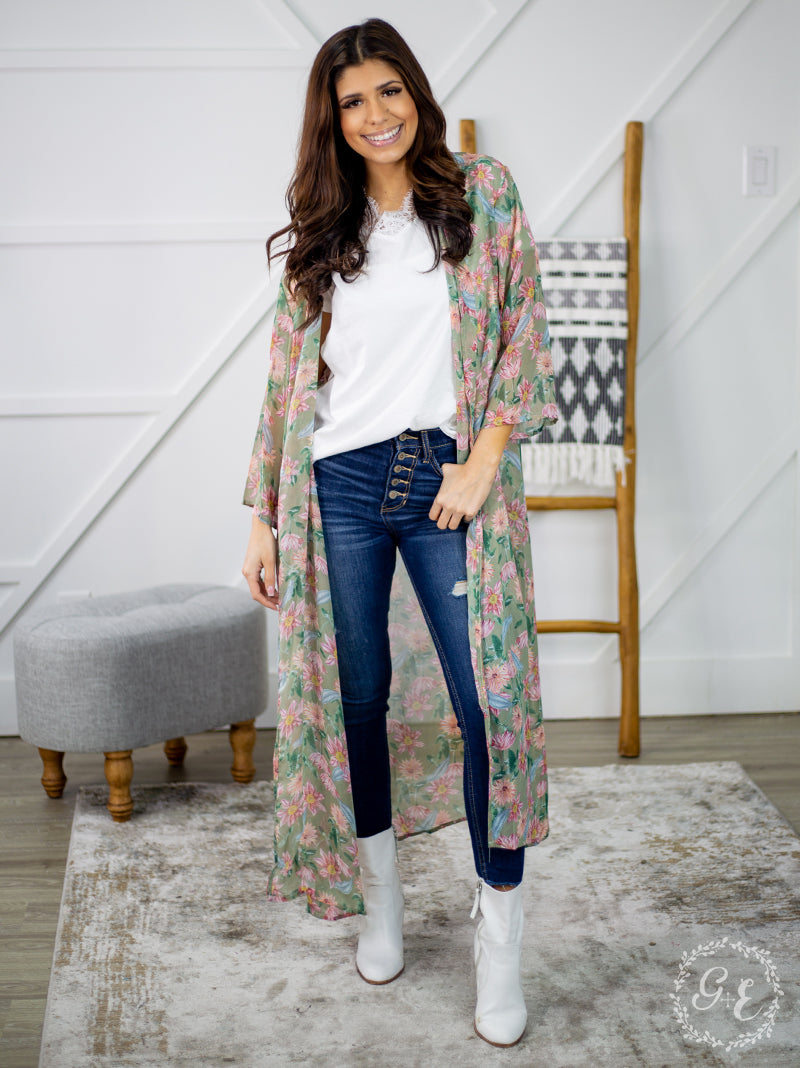 On a Whim Lightweight Floral Kimono, Green