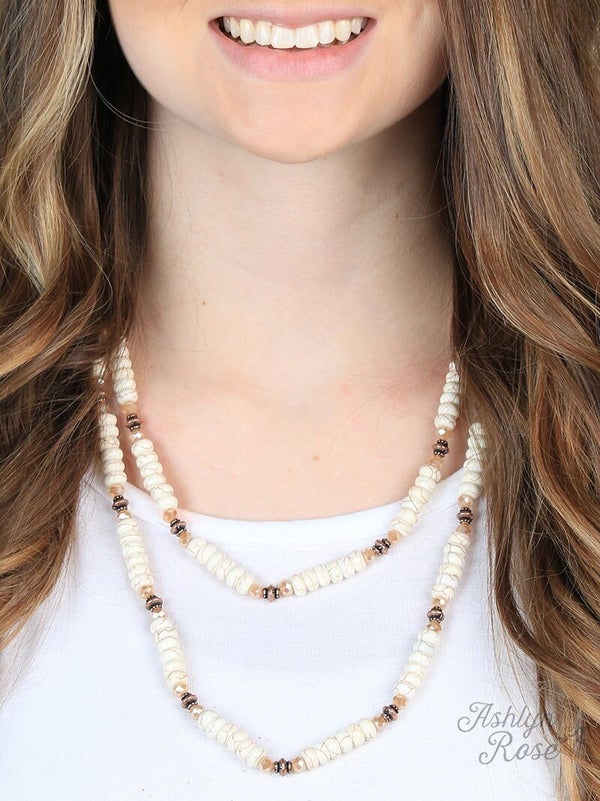 White Fun Beaded Double Wrap Necklace with Copper Accent