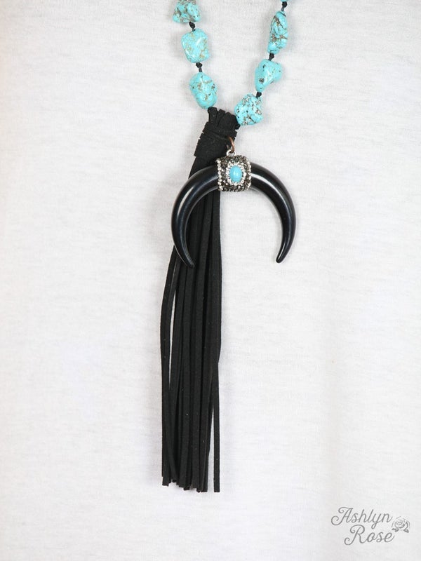 Delilah's Black Tusk & Turquoise Stone Necklace with Tassel