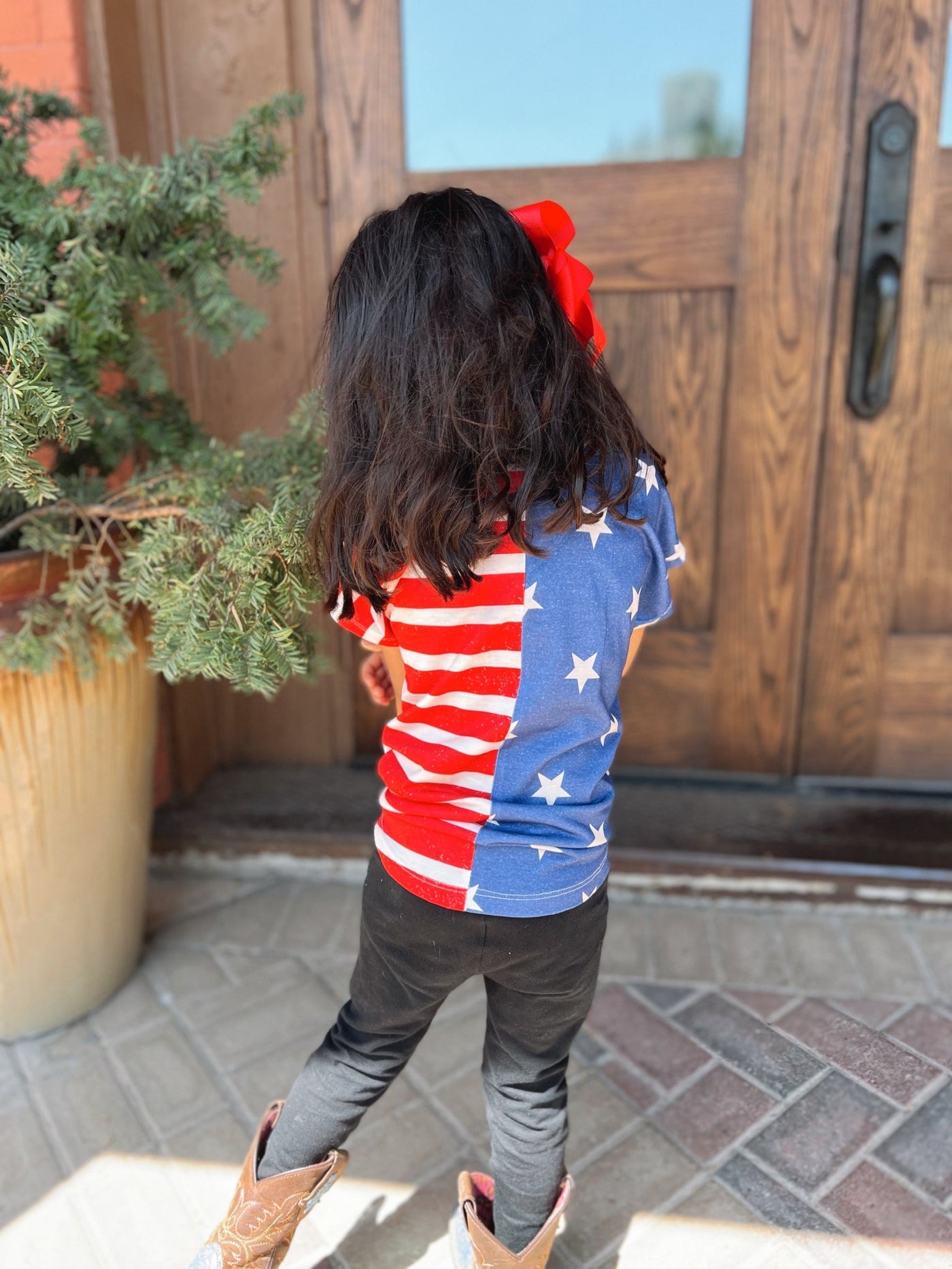 Girls patriotic stars and stripes short sleeve with front knot