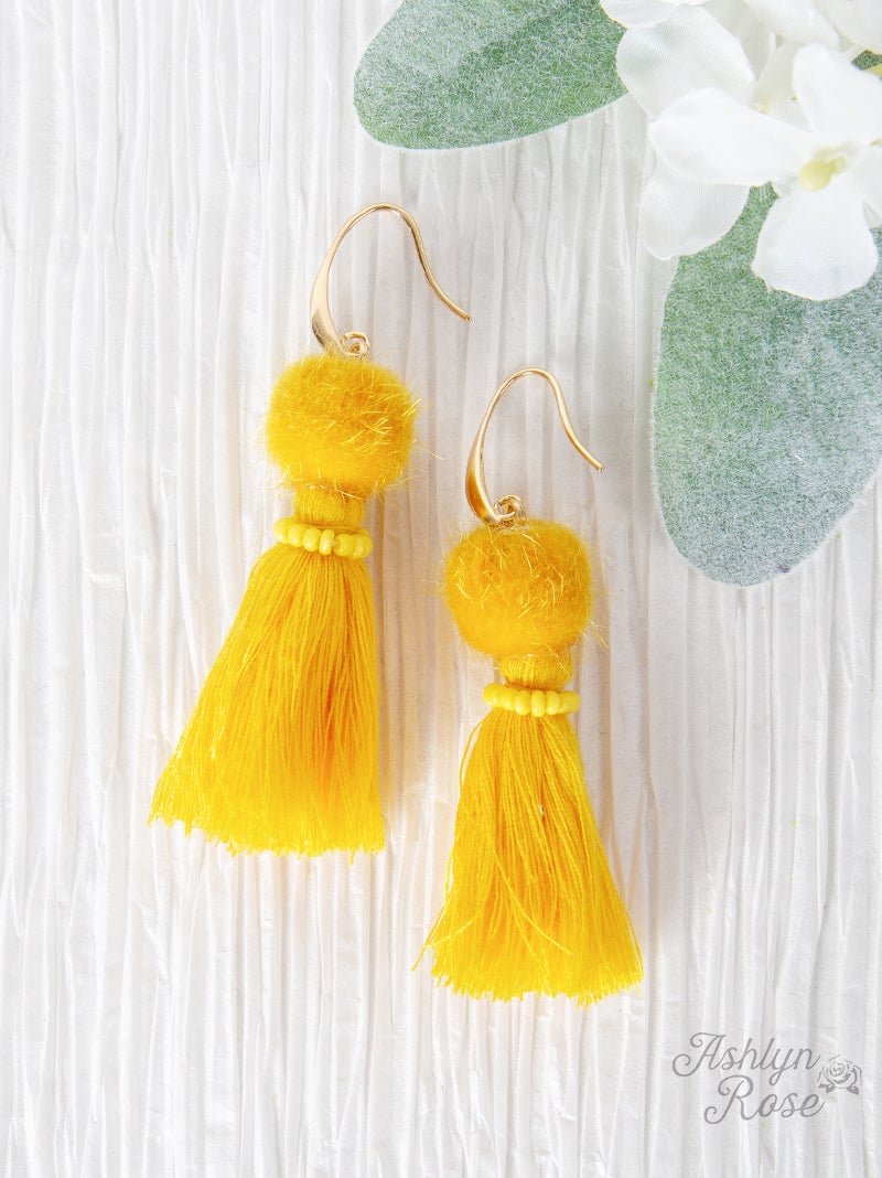 Pom Pom Tassel Earrings, Yellow