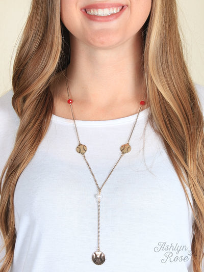Gold Chain Baseball Charm Necklace with Red and Pearl Beads