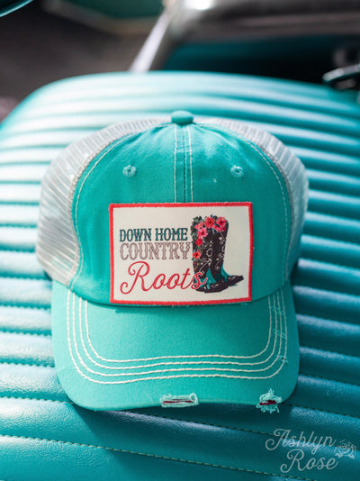 Down Home Country Roots Patch on Turquoise Distressed Hat with Mesh