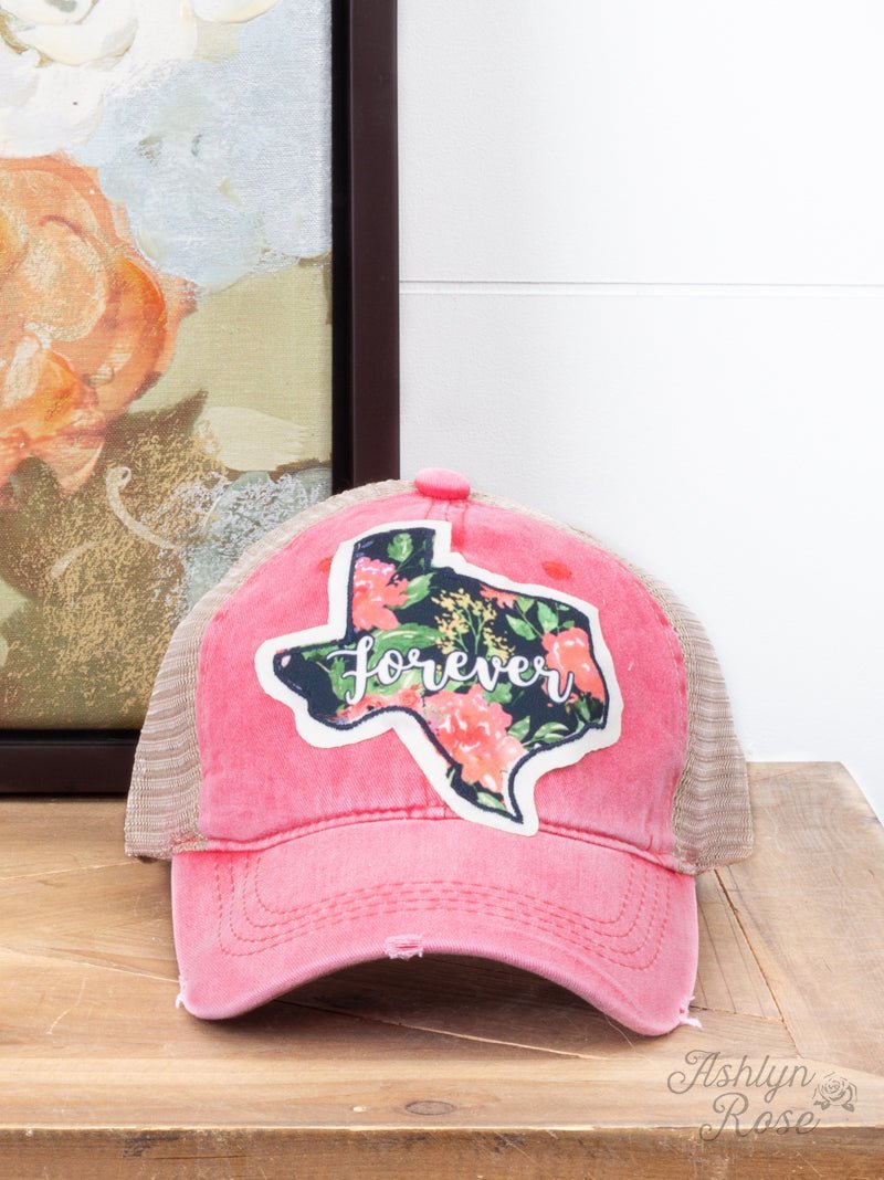 Texas Forever Floral Patch on High Ponytail Bright Red Hat with Beige Mesh