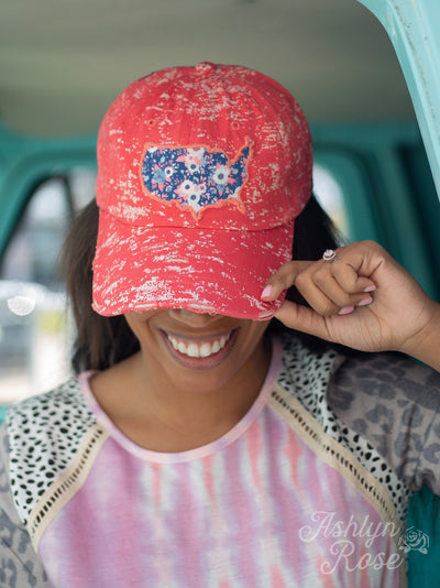 Floral American Embroidered Patch on Coral Spatter Hat