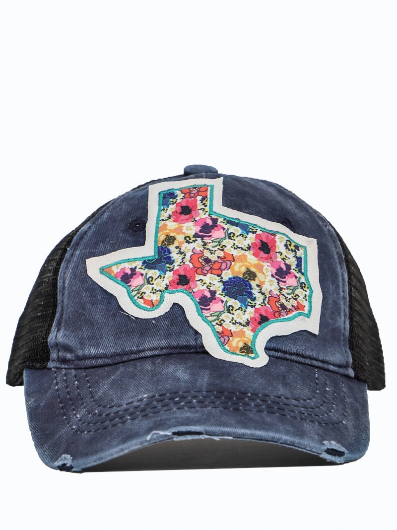 Vibrant Floral Texas Patch on High Ponytail Navy Blue Hat with Black Mesh