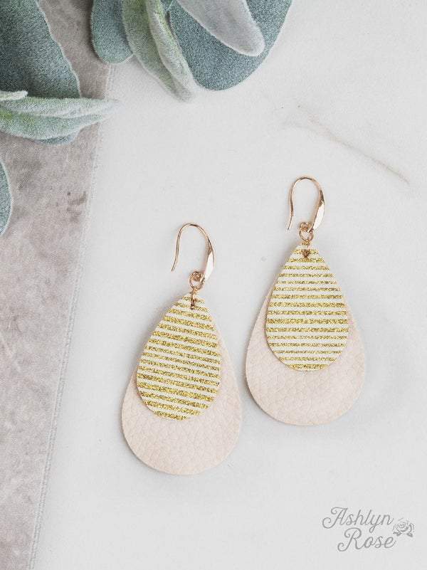 Glitter Stripe Double Teardrop Earring On Cream,  Gold