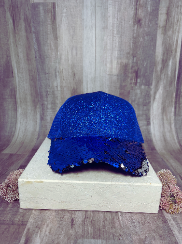 Blue glitter hat with sequin bill with blue mesh