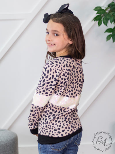 Girls Cheetah Chillin' Long Sleeve Round Neck with Knit Wrist, Black