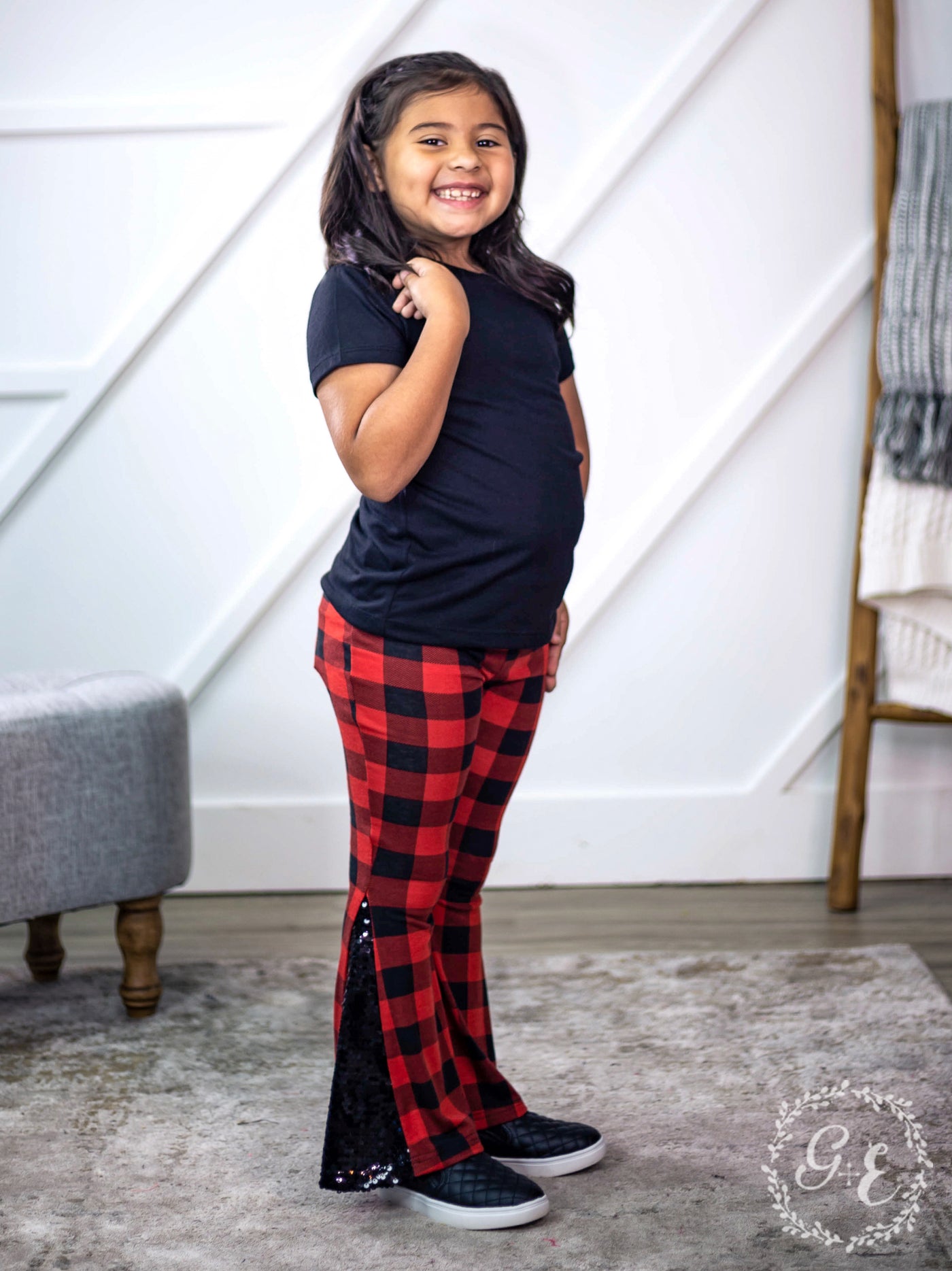 Girls' Diva on the Mic Sequins Flare Pants, Buffalo Plaid