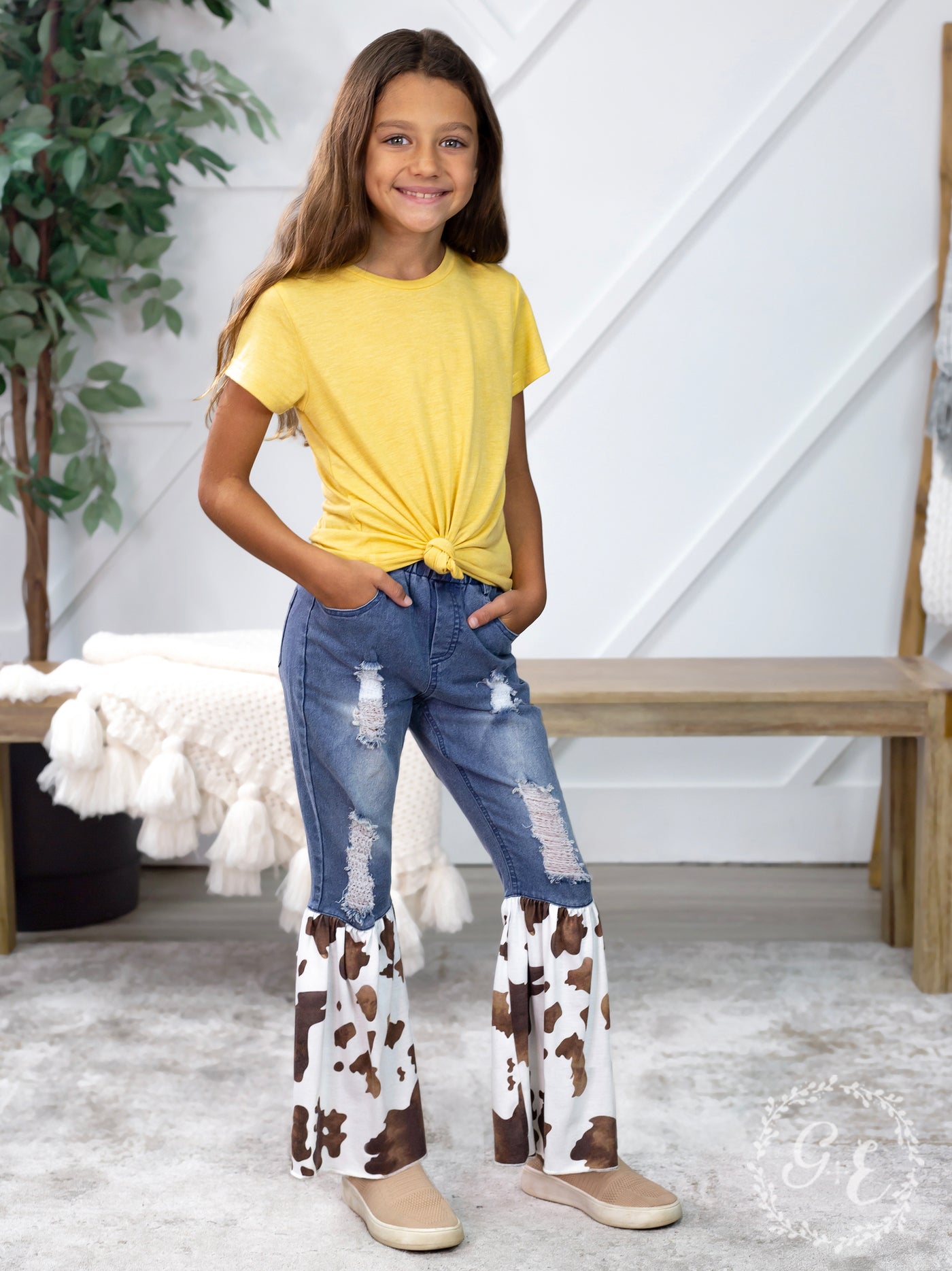 Girls Somewhere Between Western and Wildin' Denim Flare Pants, Cowhide