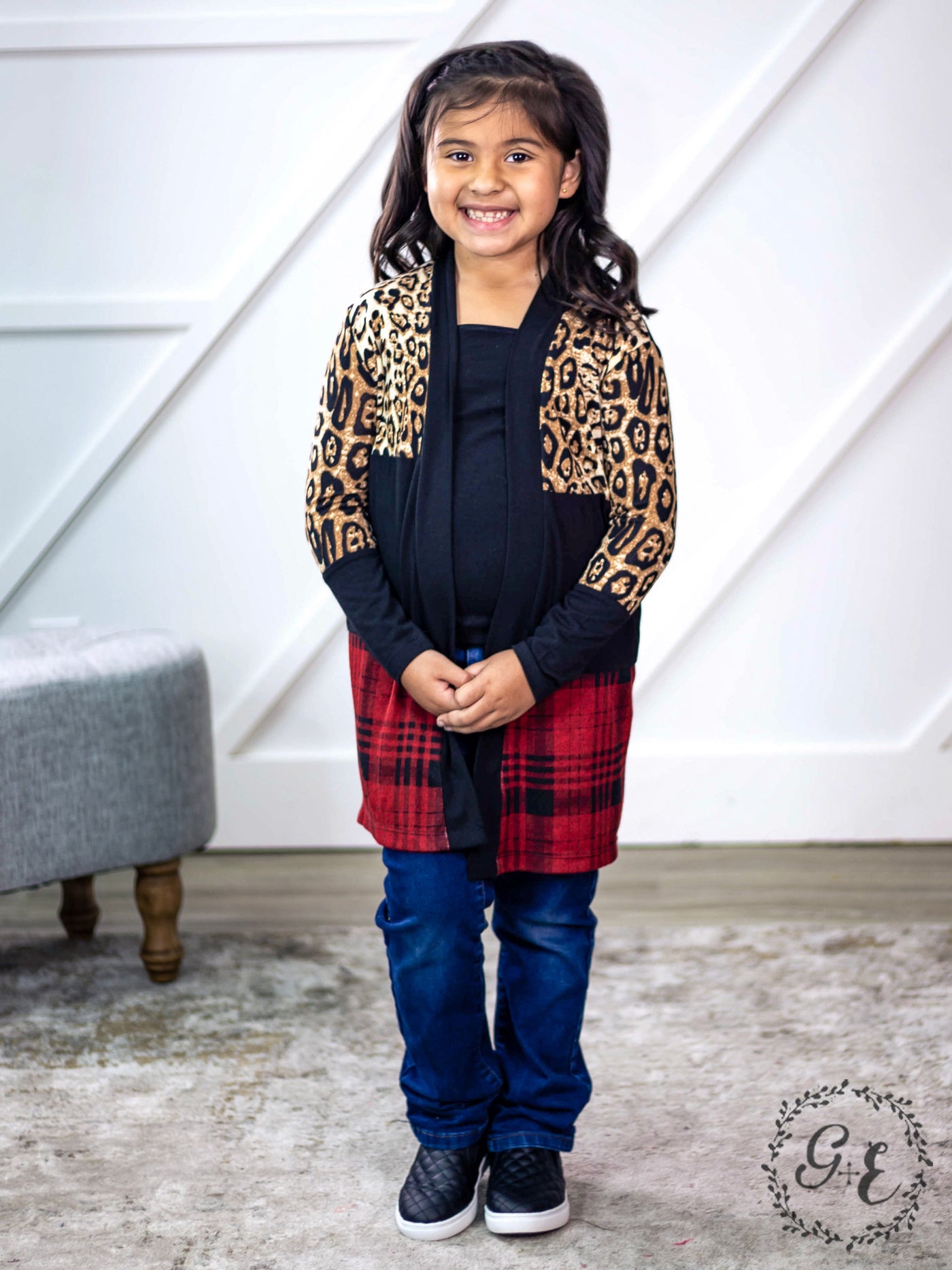 Girls' Chillin' Cardigan with Leopard and Plaid