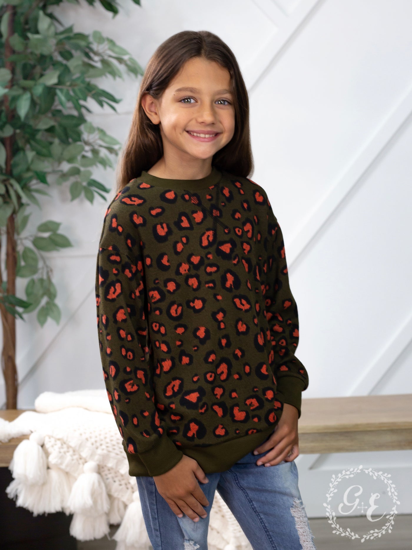 Girls Rawr Like a Leopard Long Sleeve Round Neck Sweater with Knit Wrist, Green