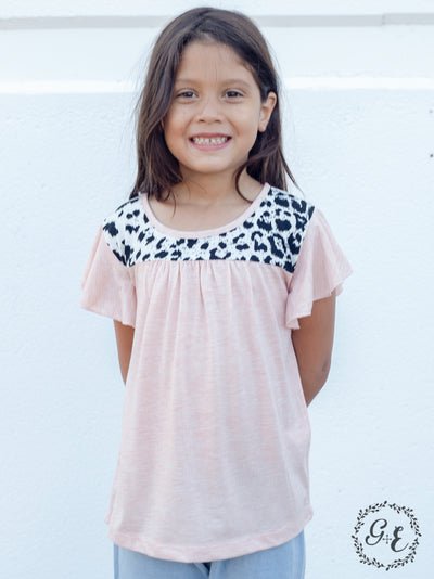 Girls' Oh So Cute Peach and Leopard Ruffle Sleeve Top