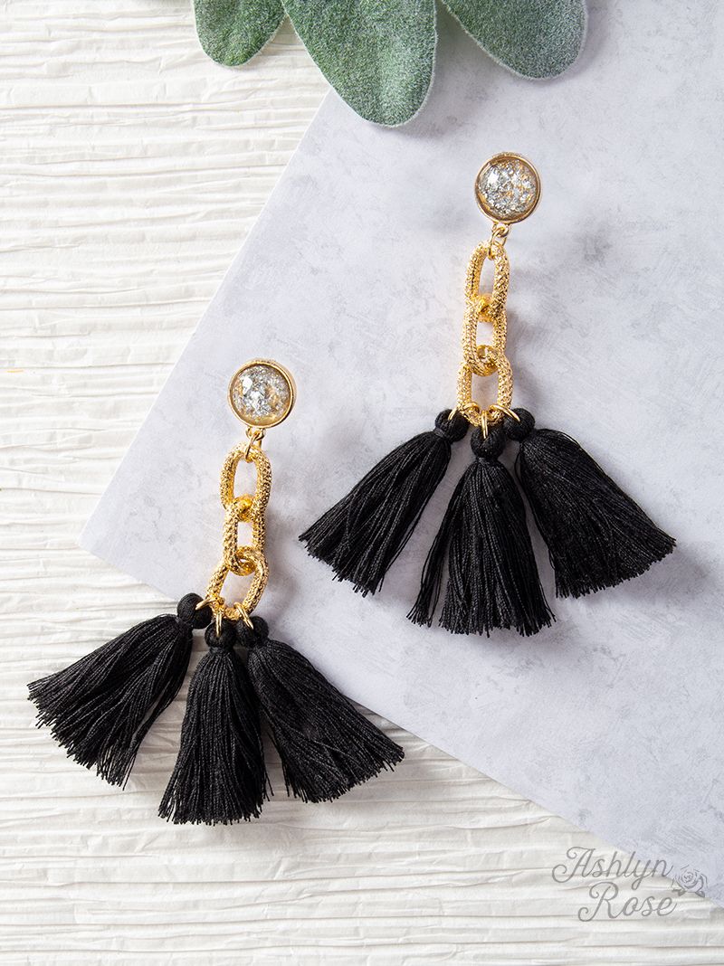 Speak to Me with Gold Chains Tassel Earrings, Black