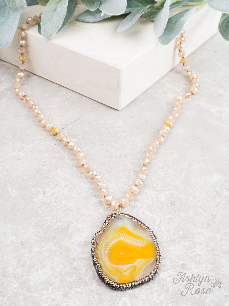 Here Comes the Sun Beaded Necklace with Stone Slice Pendant, Yellow with Honey Crystals
